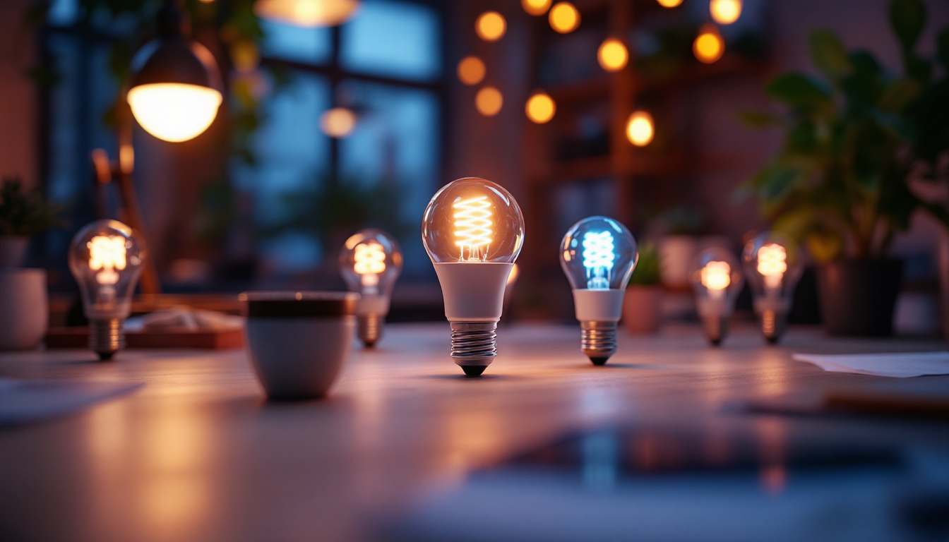 A photograph of a well-lit workspace featuring various 4-foot led bulbs in use