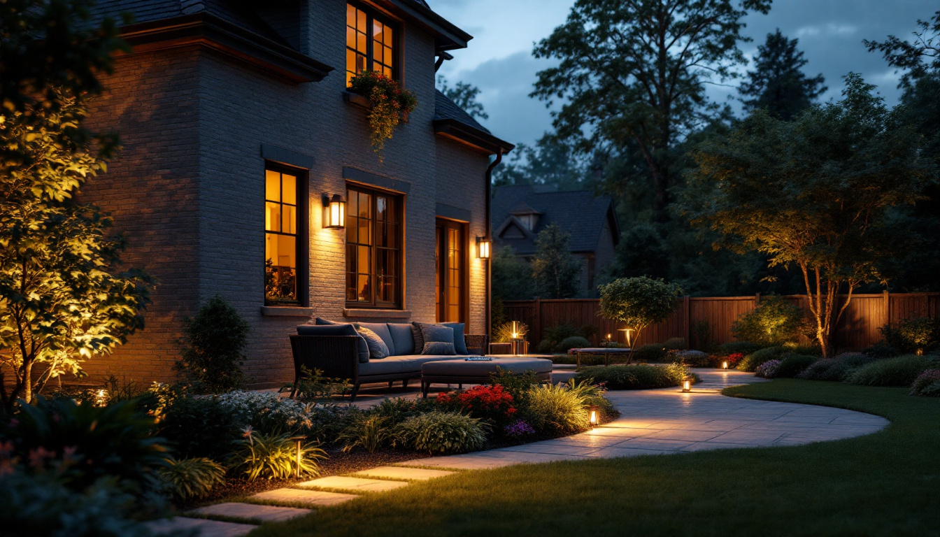 A photograph of a well-lit outdoor space showcasing various styles of exterior lighting fixtures