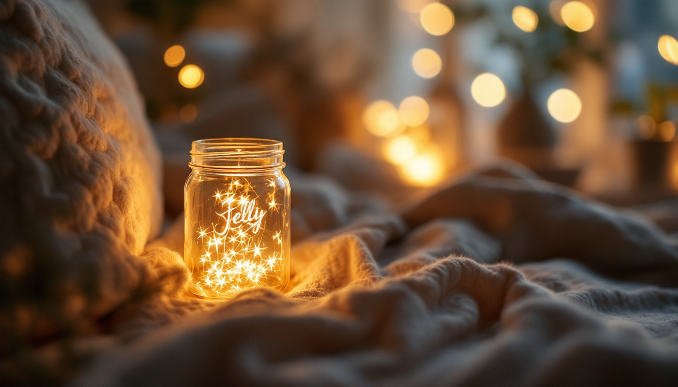 A photograph of a beautifully styled jelly jar light in a cozy
