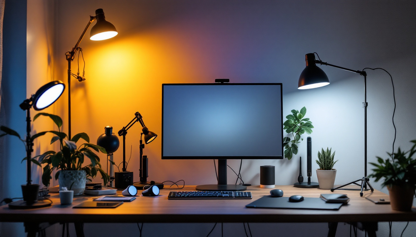 A photograph of a well-lit workspace showcasing various led lights in use