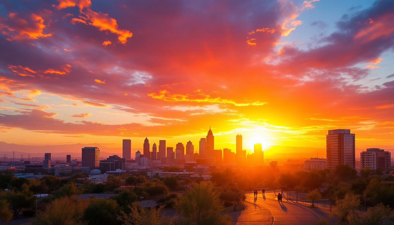 A photograph of a vibrant sunset over the phoenix skyline