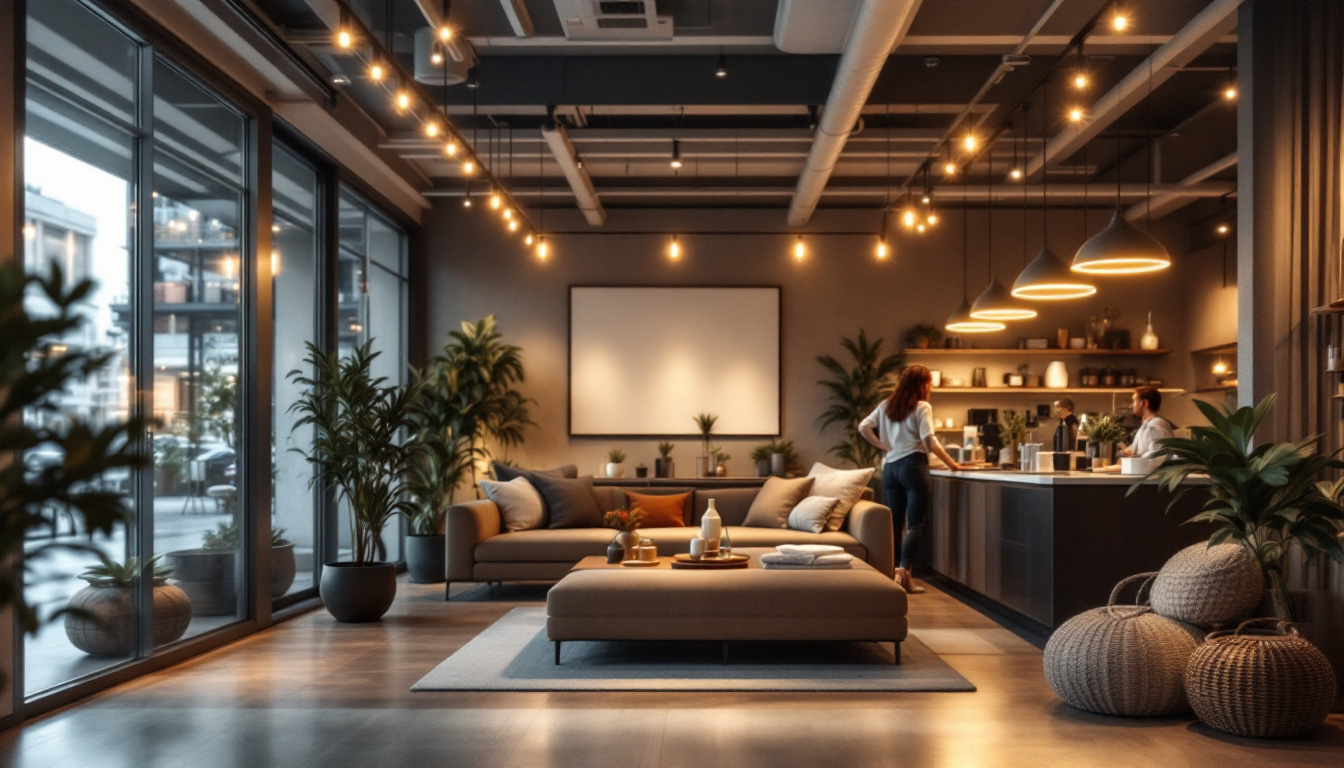 A photograph of a commercial lighting installation in a dynamic setting