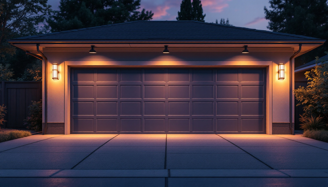 A photograph of a well-lit outdoor garage showcasing stylishly installed garage lights