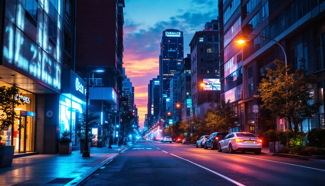 A photograph of a dynamic urban scene at dusk
