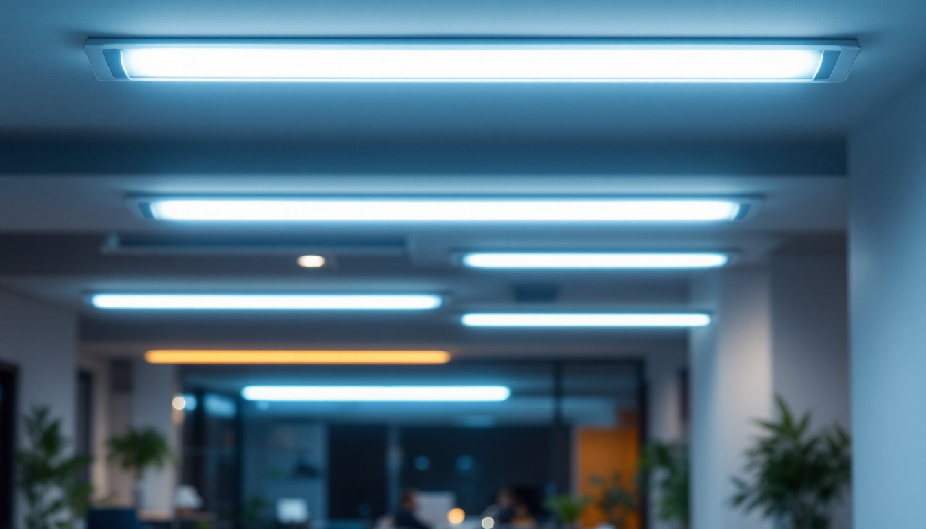 A photograph of a well-lit workspace or room showcasing led fluorescent tube lights in action