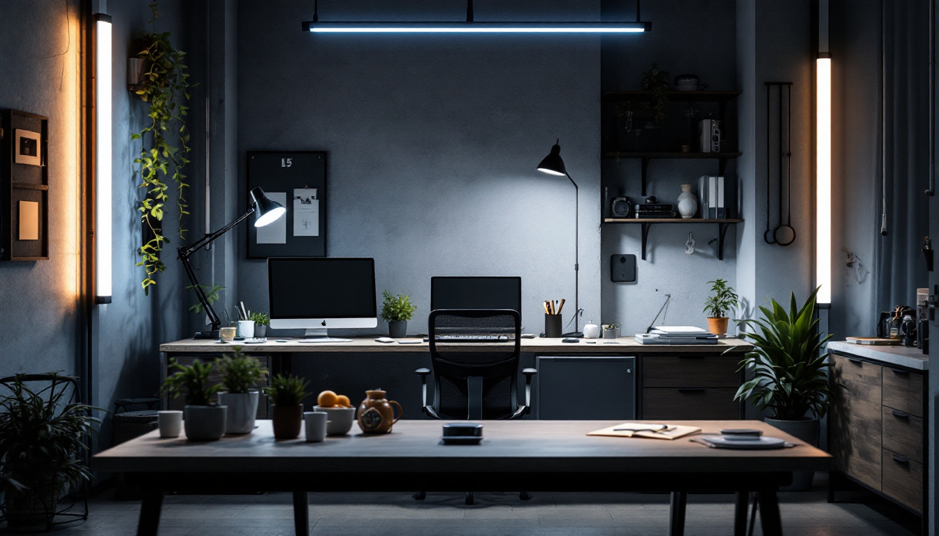 A photograph of a well-lit workspace featuring led tube lighting