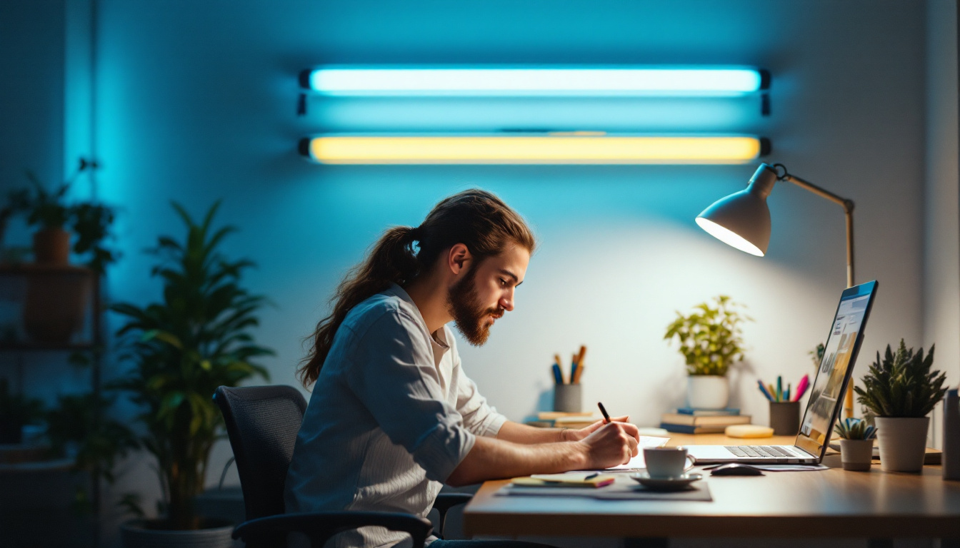 A photograph of a well-lit workspace featuring t8 fluorescent lights in action