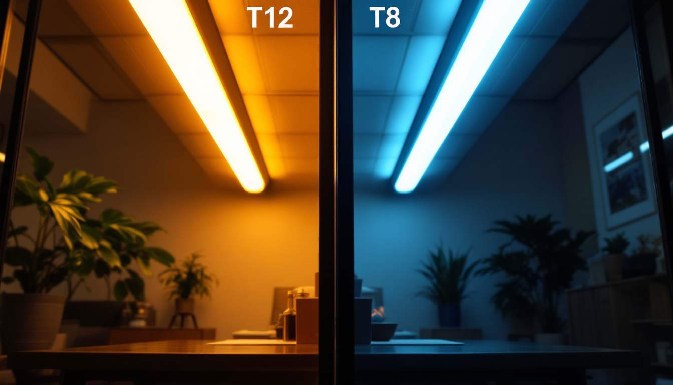 A photograph of a side-by-side comparison of t12 and t8 fluorescent tubes in a well-lit setting