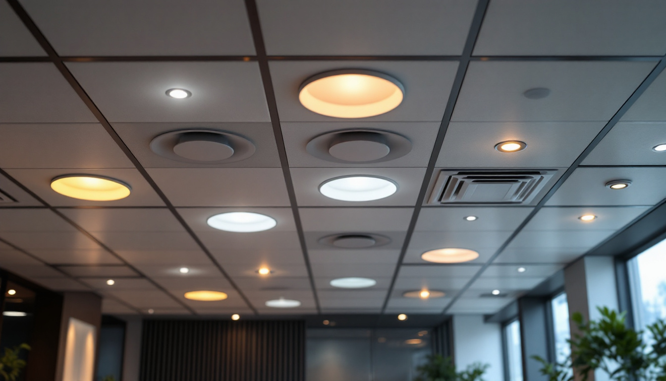 A photograph of a well-lit suspended ceiling featuring various recessed light fixtures in a modern interior setting