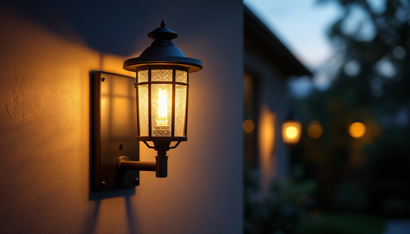 A photograph of a beautifully illuminated outdoor wall lantern in a serene evening setting