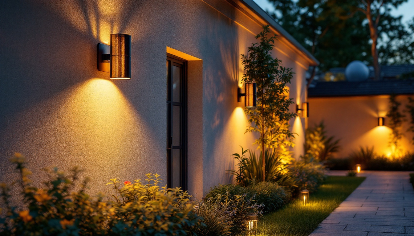 A photograph of a beautifully illuminated outdoor space featuring stylish wall lighting fixtures that highlight architectural details and create a warm