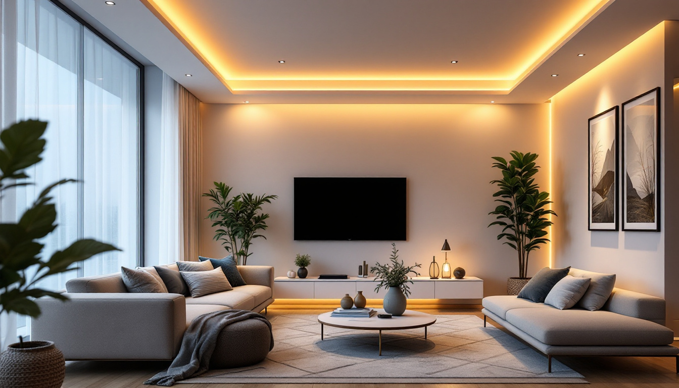 A photograph of a beautifully designed living space showcasing various types of recessed led lighting in action