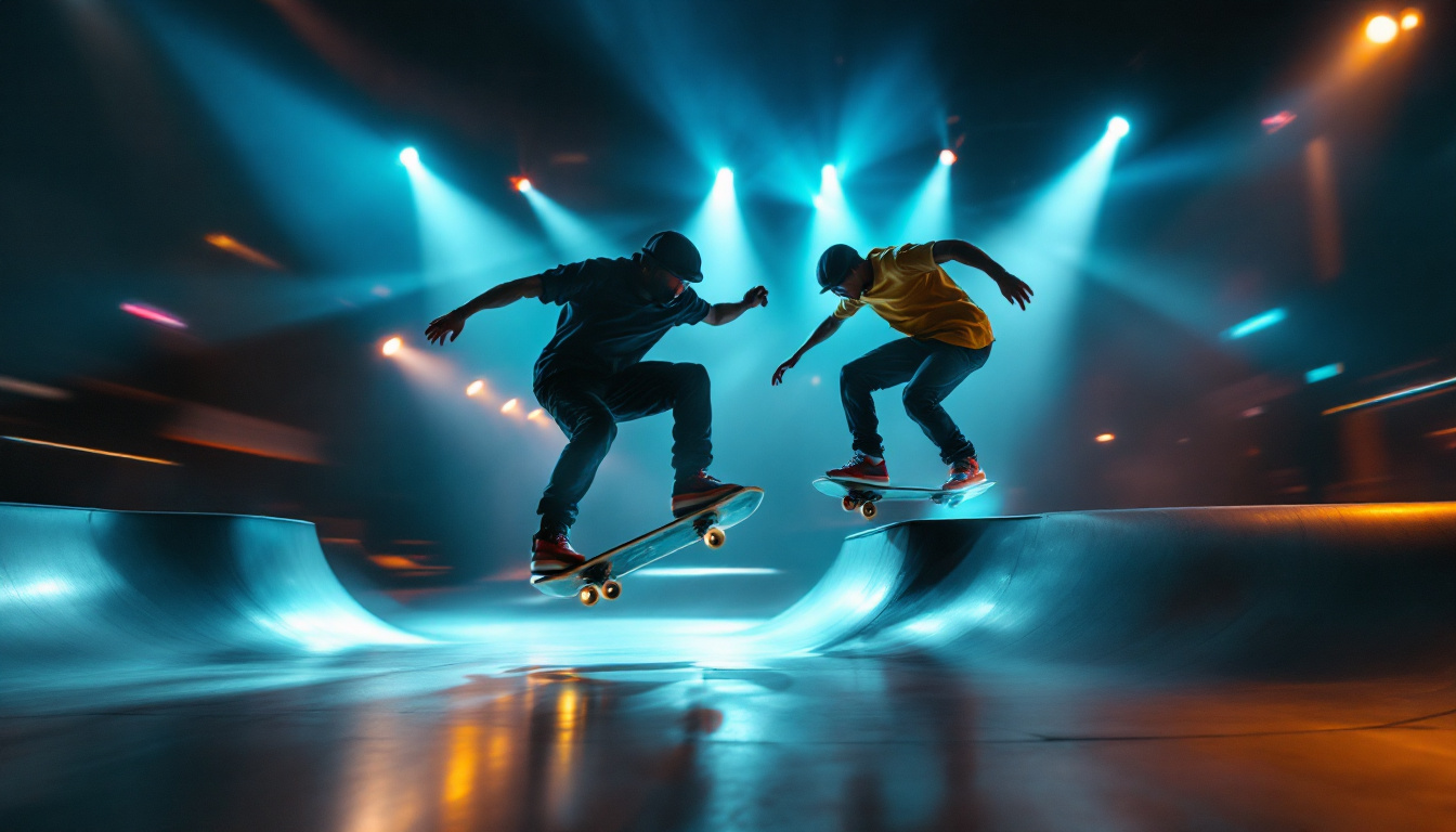 A photograph of a dynamic skateboarding scene illuminated by innovative spotlight technology