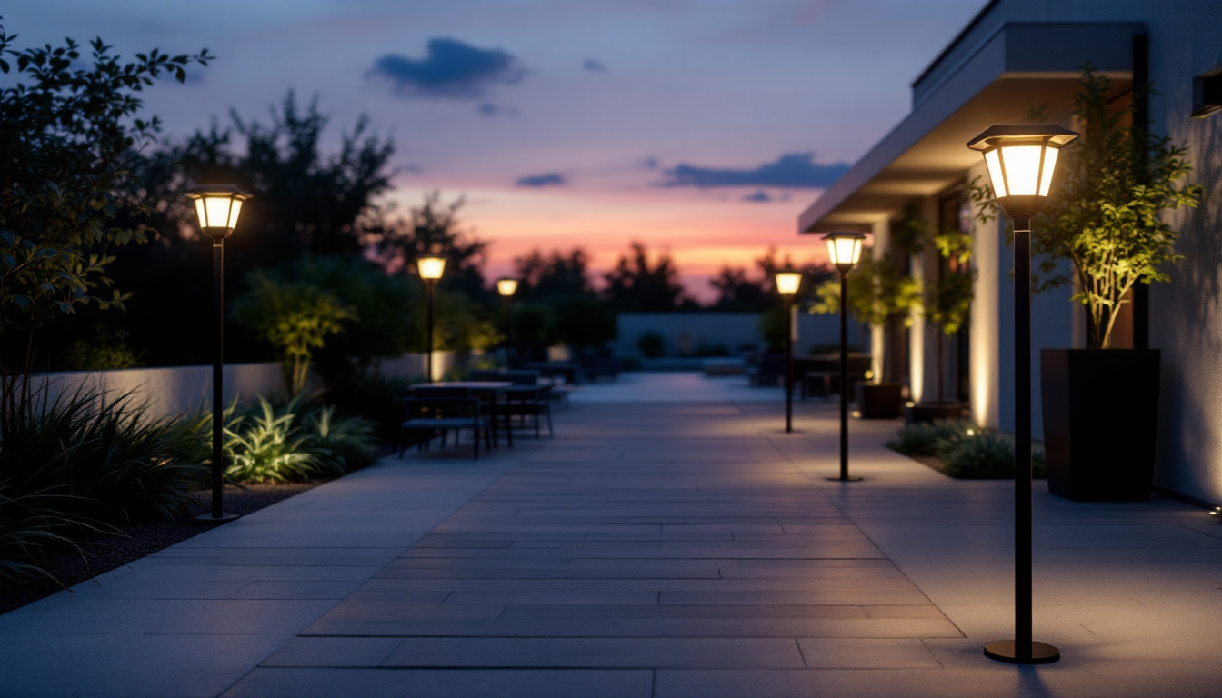 A photograph of a well-lit outdoor space showcasing various koda solar led lights in use