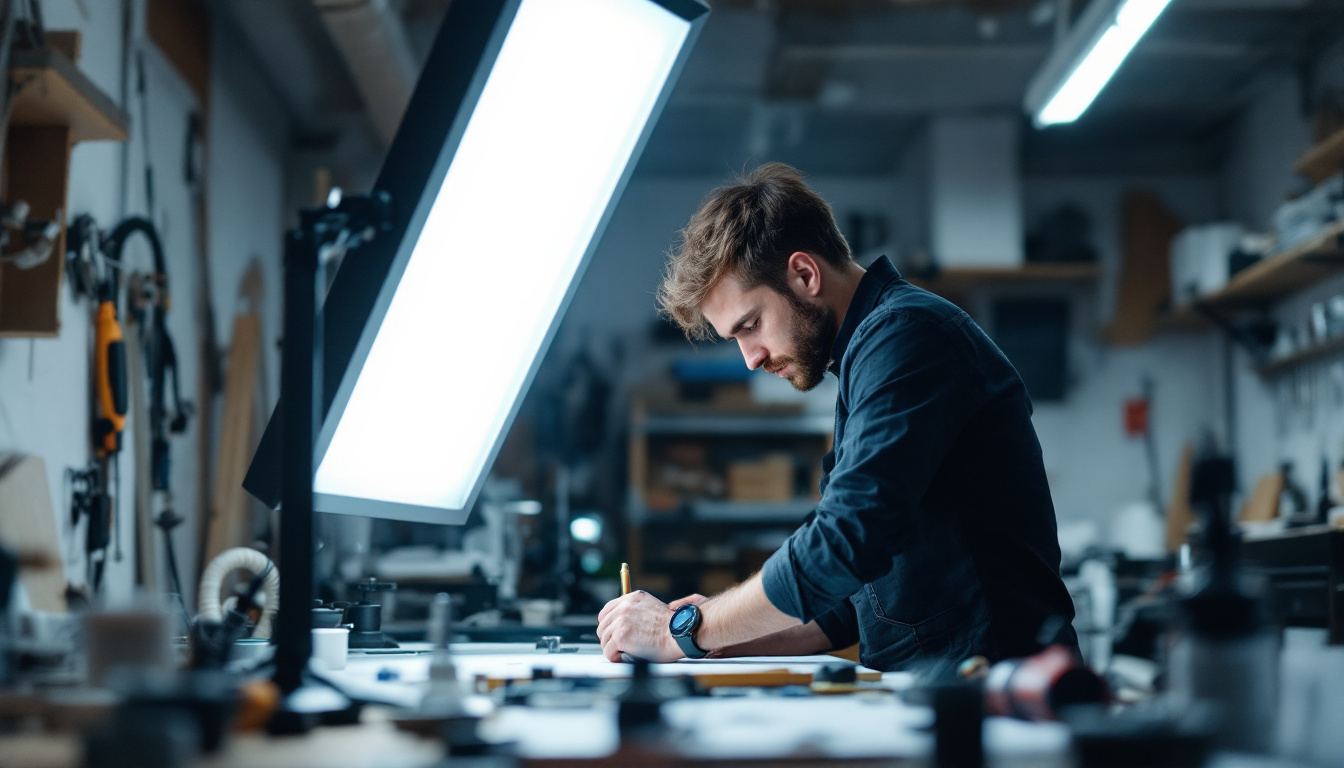 A photograph of a designer or engineer in a workshop