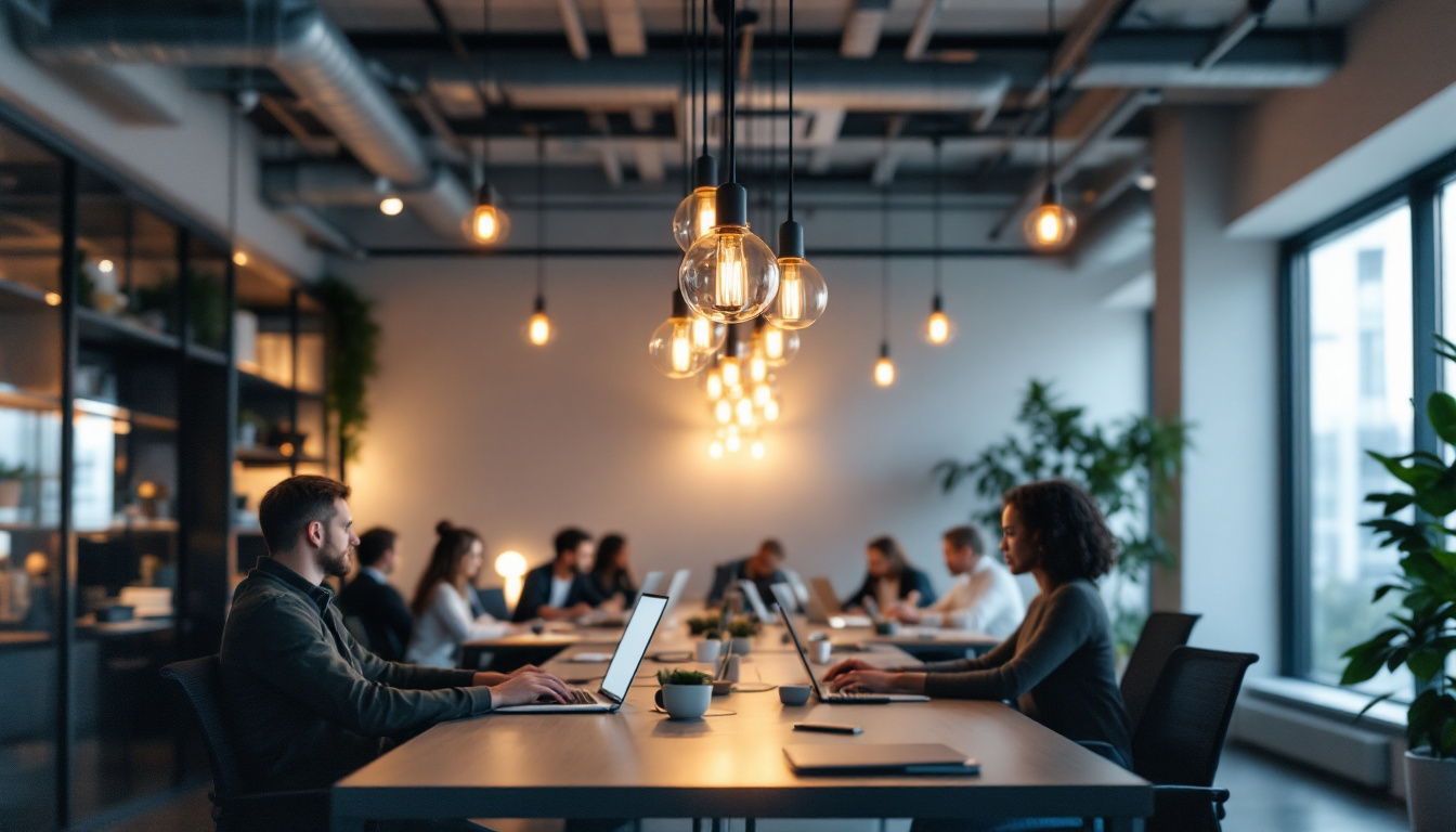 A photograph of a modern office space featuring elegant chandelier lighting that enhances the ambiance
