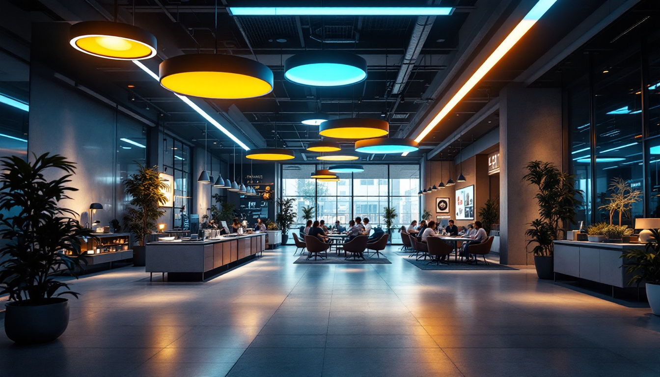 A photograph of a modern commercial space showcasing a variety of innovative led lighting designs
