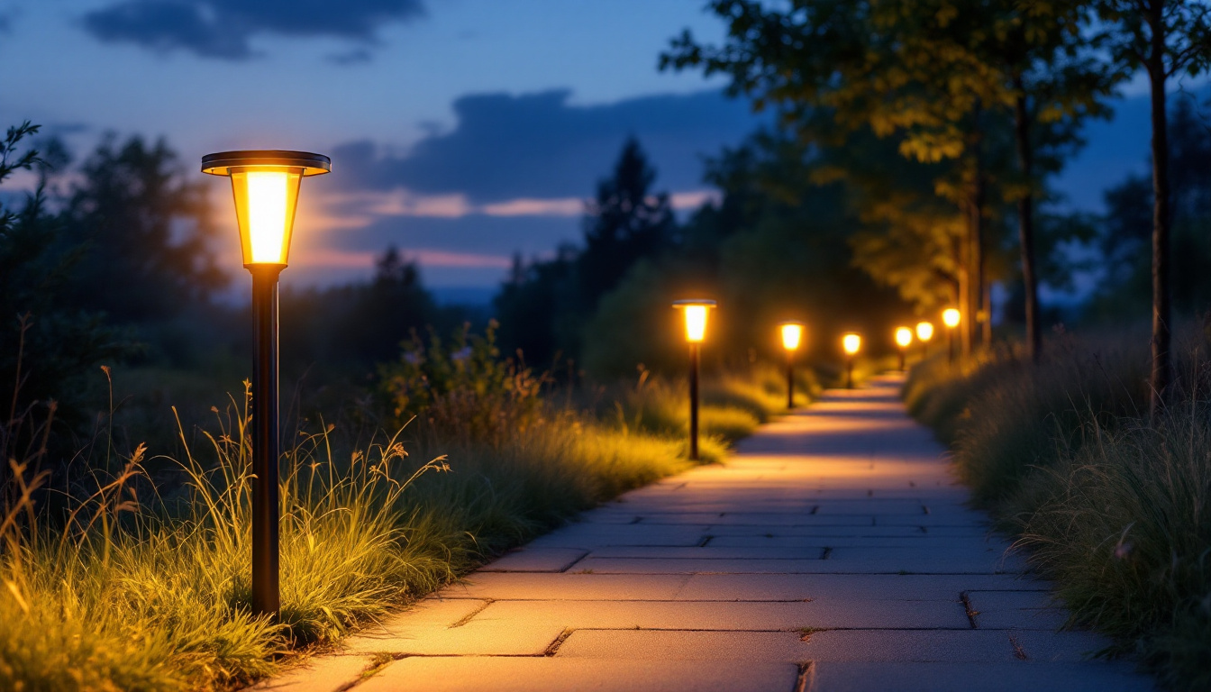 A photograph of a beautifully illuminated outdoor pathway lined with solar pathway lights at dusk