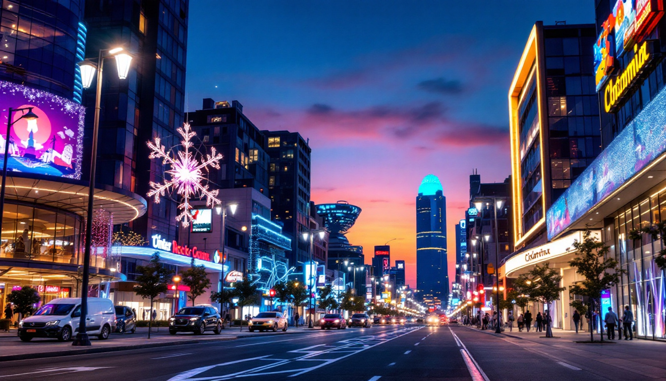 A photograph of a vibrant urban scene at dusk