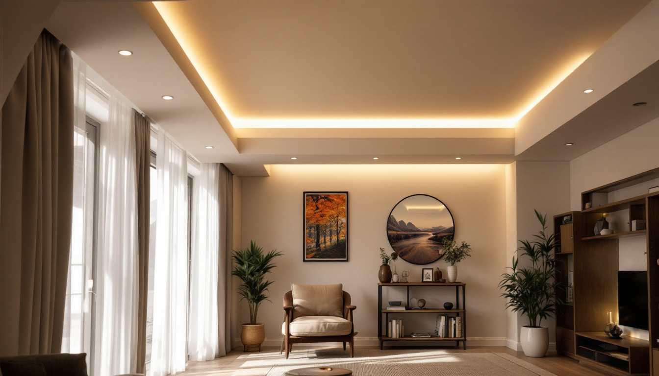 A photograph of a stylishly designed room featuring ceiling recessed lights