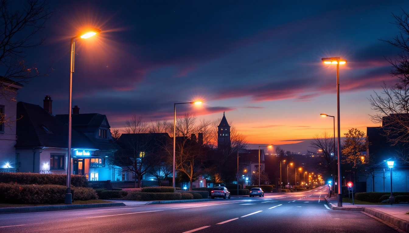 A photograph of a modern street illuminated by bright led lights at dusk