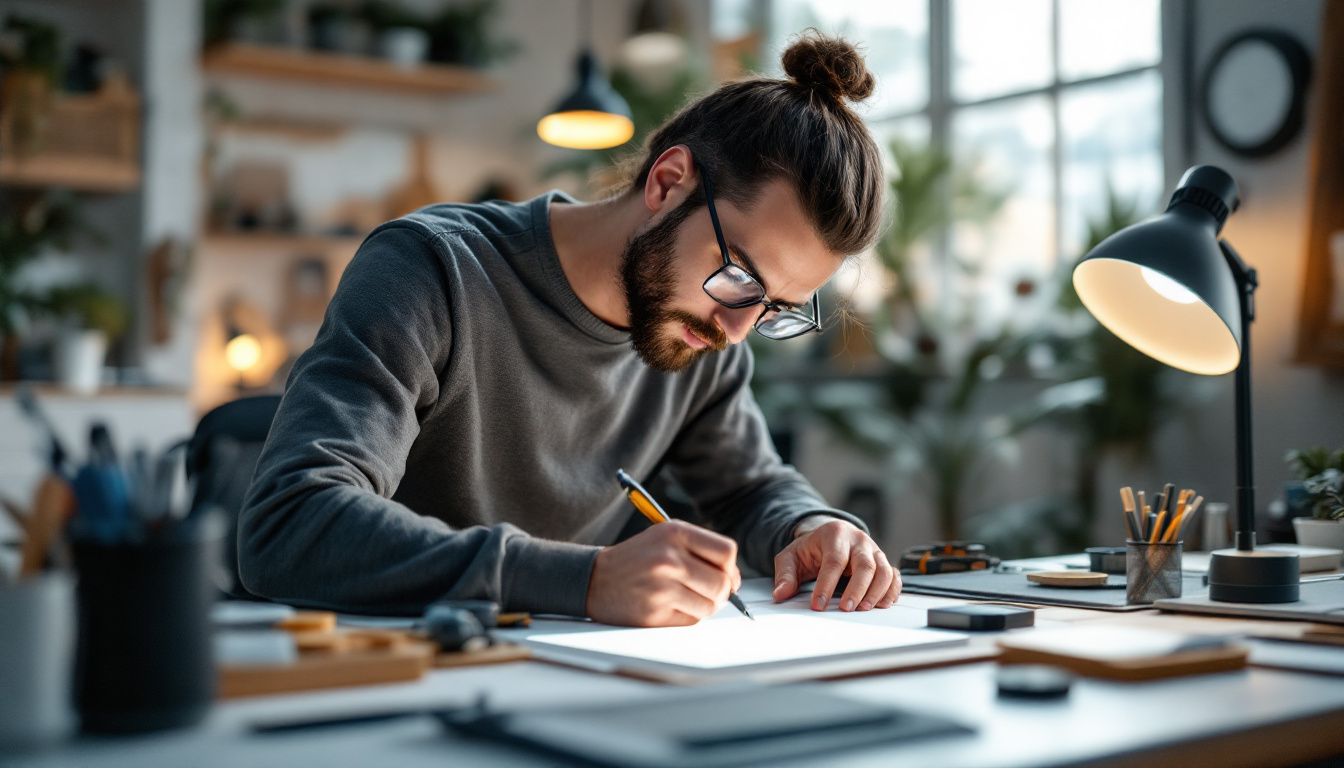 A photograph of a designer meticulously sketching flat led light prototypes in a bright