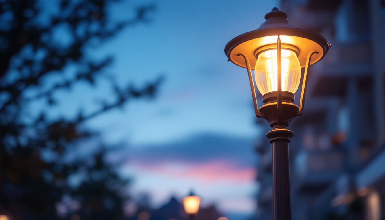 A photograph of a beautifully designed post lamp fixture illuminated at dusk