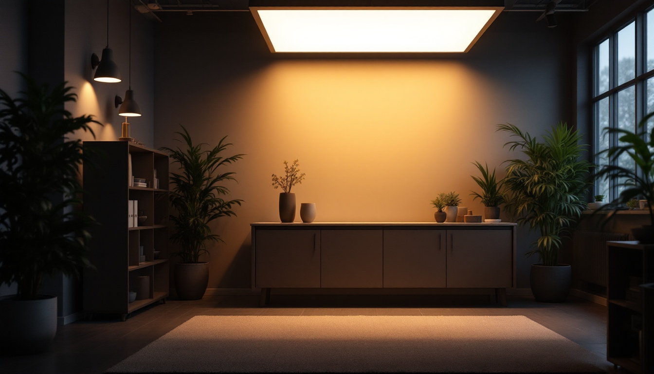 A photograph of a well-lit indoor space showcasing a panel board light illuminating various areas