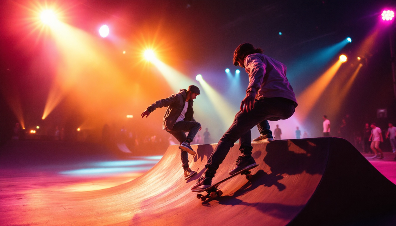 A photograph of a vibrant skateboarding scene illuminated by innovative spotlights