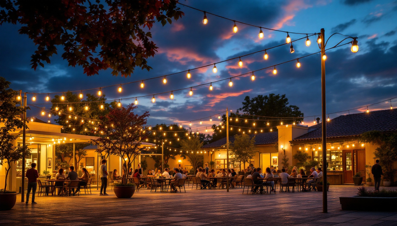 A photograph of a beautifully illuminated outdoor overhead light court during twilight