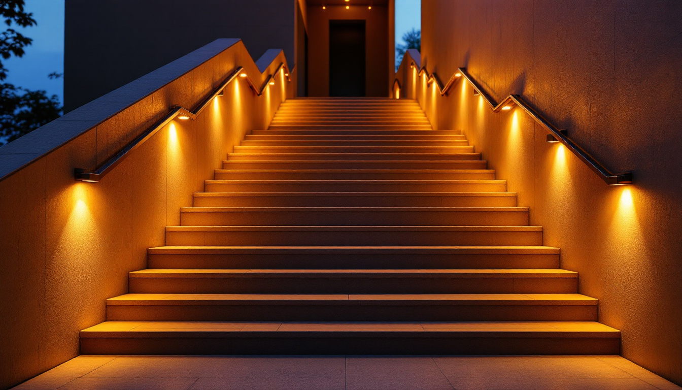 A photograph of a beautifully lit staircase at dusk