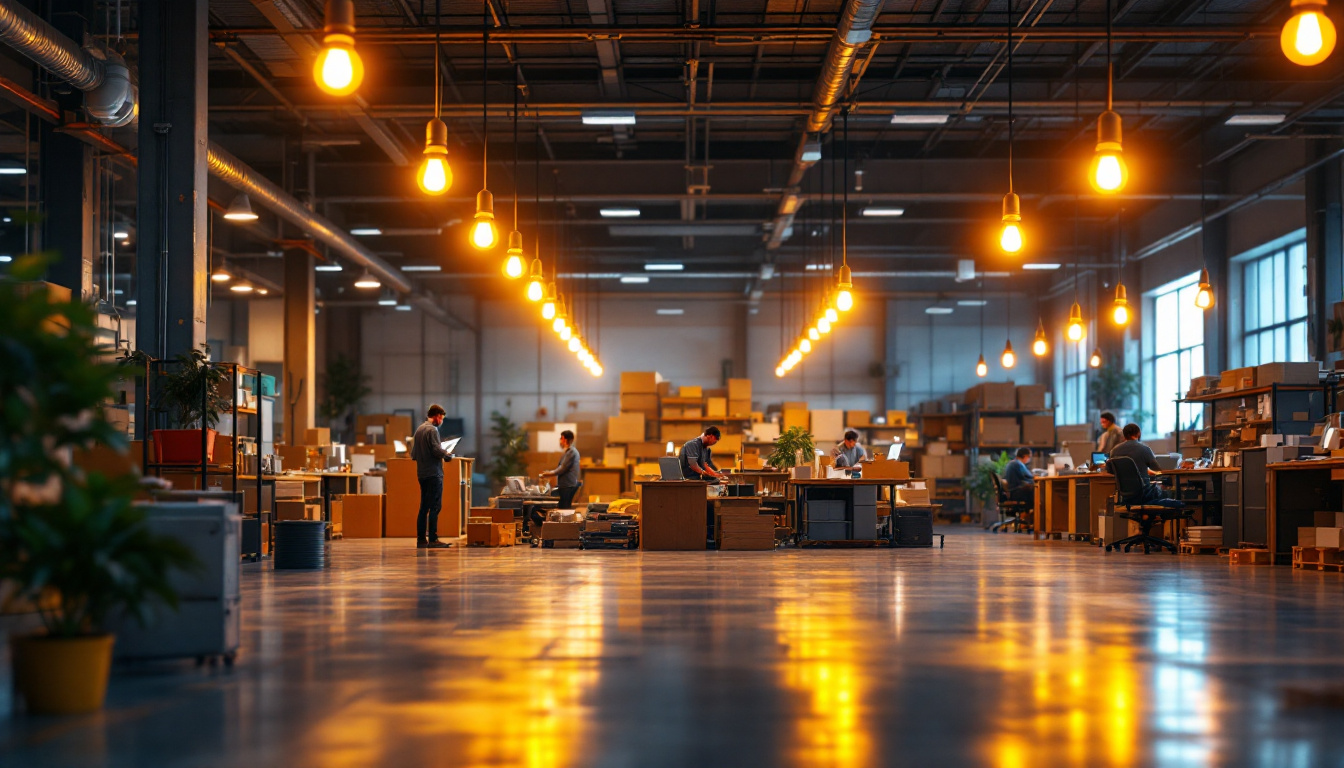 A photograph of a modern workplace or warehouse illuminated by bright