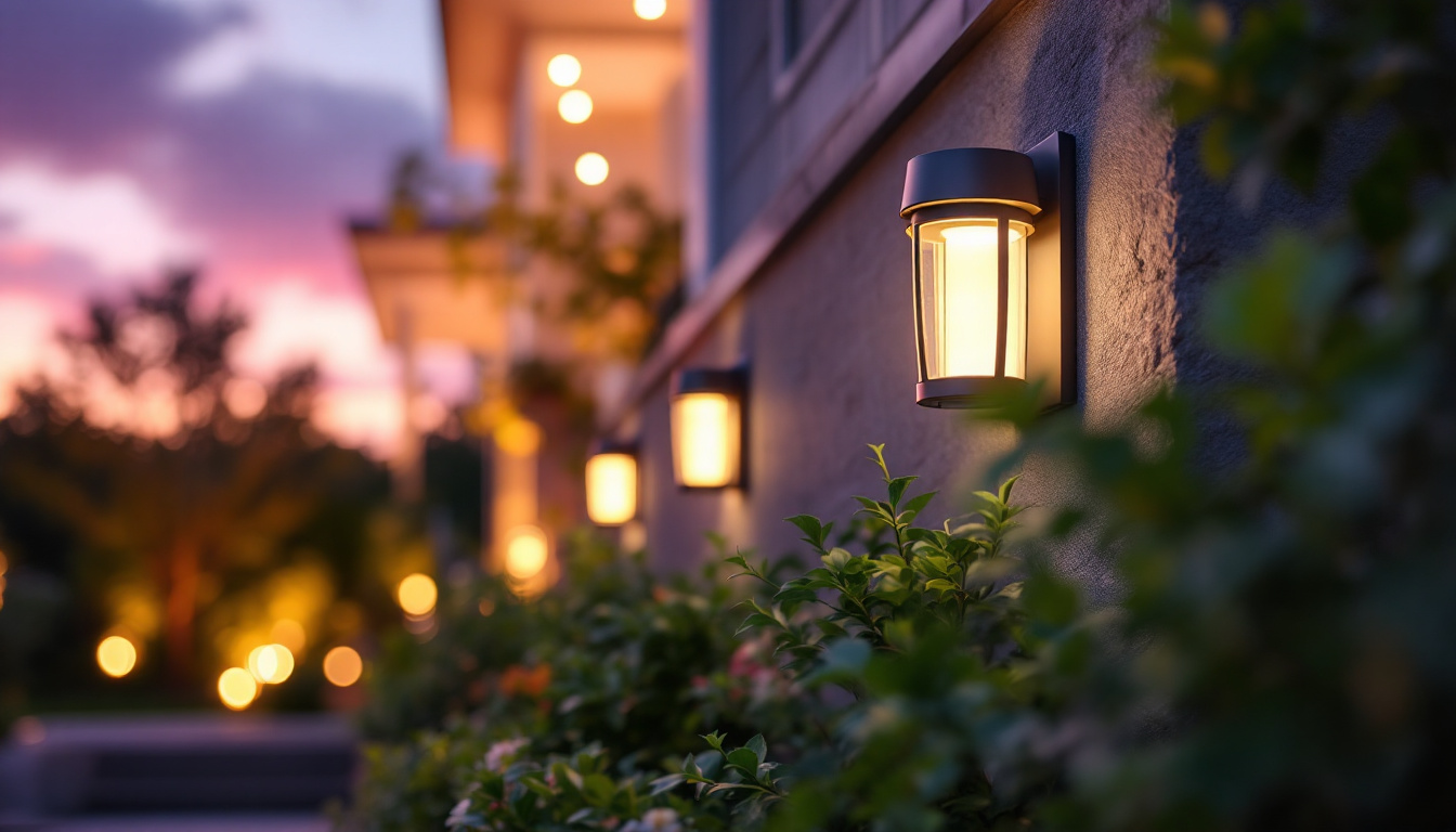 A photograph of a beautifully lit outdoor space showcasing solar wall lamps illuminating a garden or patio at dusk