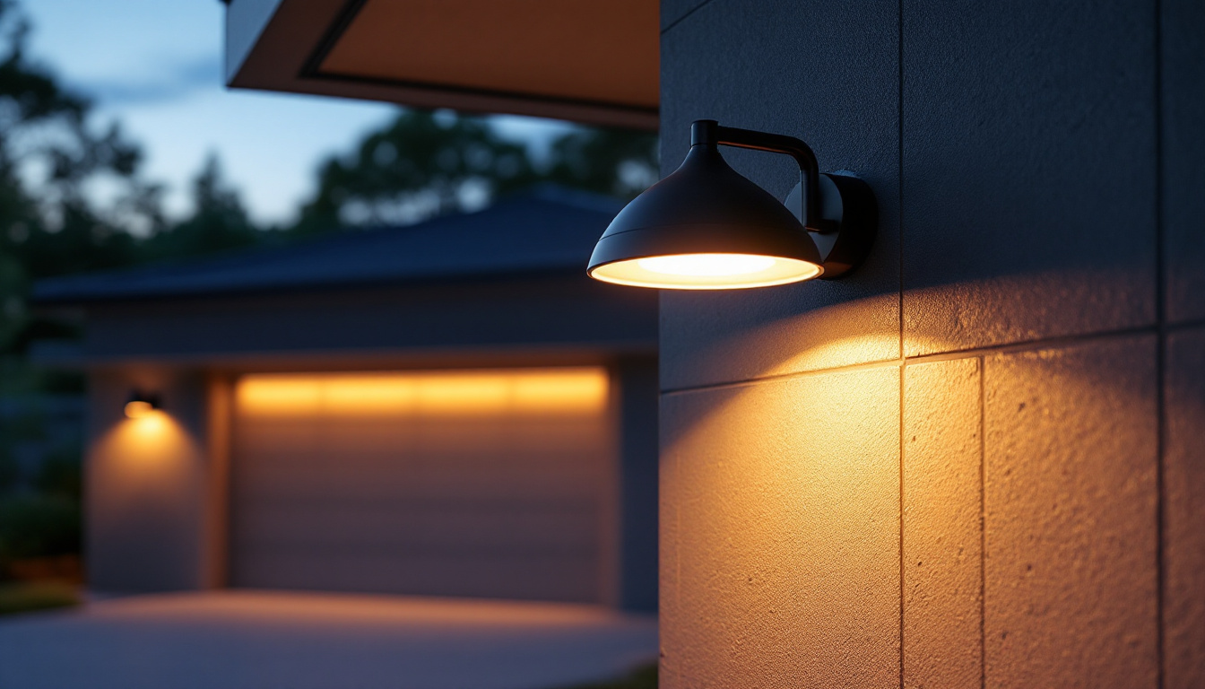 A photograph of a stylish exterior garage light fixture illuminating a modern garage setting at dusk