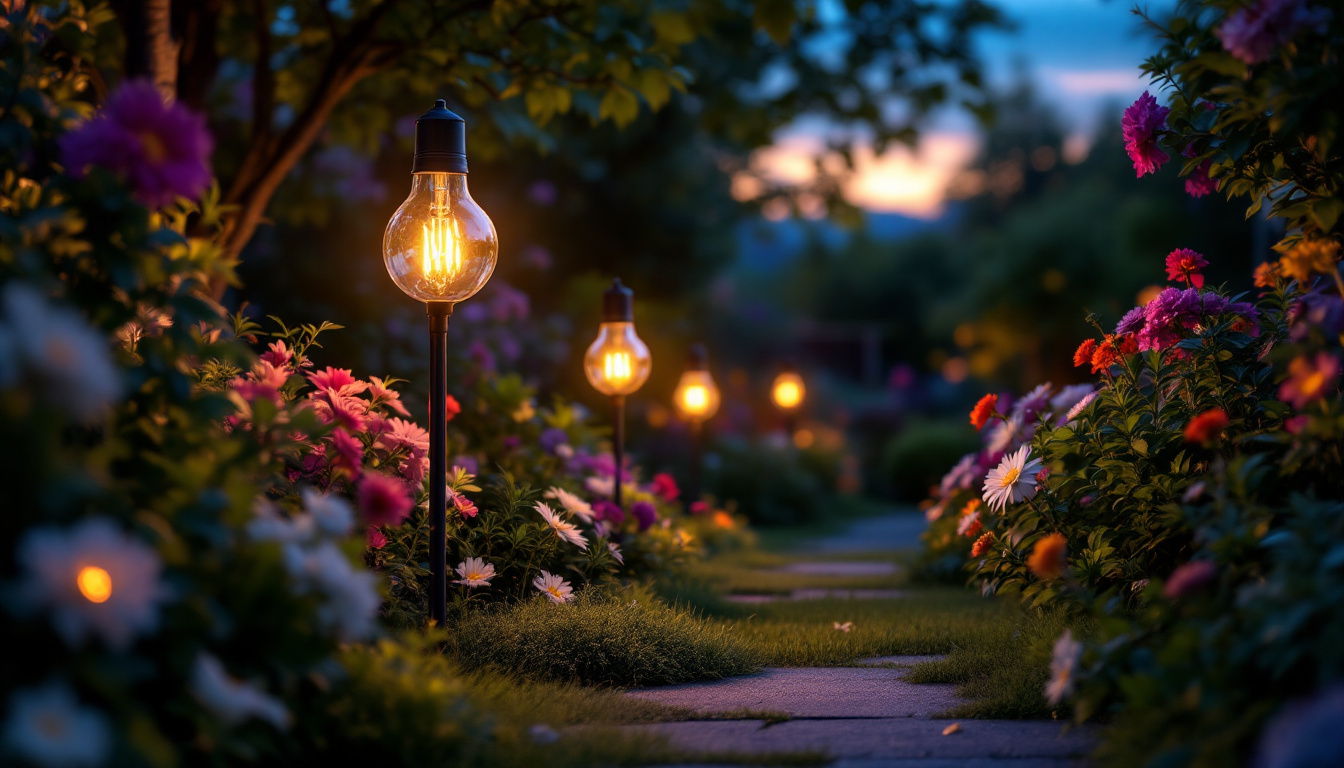 A photograph of a beautifully illuminated garden scene at dusk