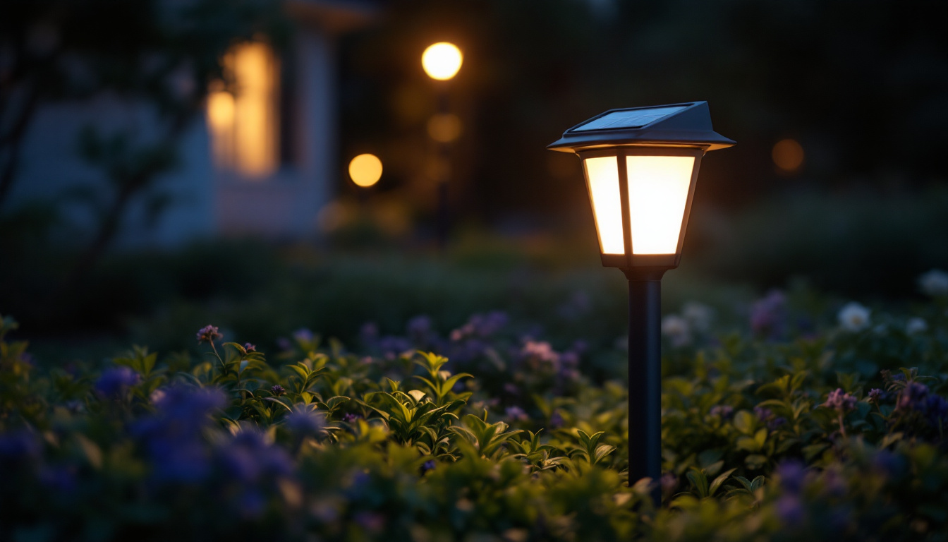 A photograph of a beautifully illuminated solar-powered yard light in a garden setting at dusk