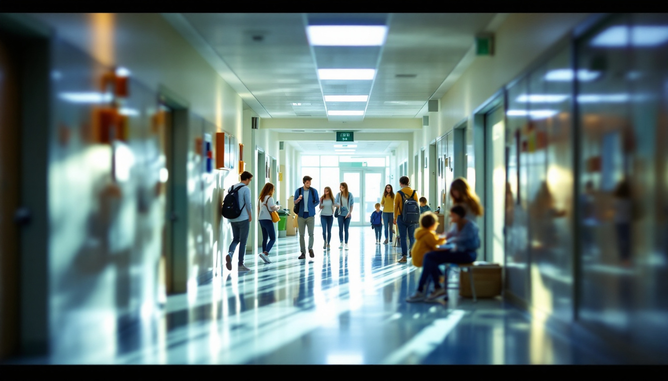 A photograph of a brightly lit school hallway featuring modern