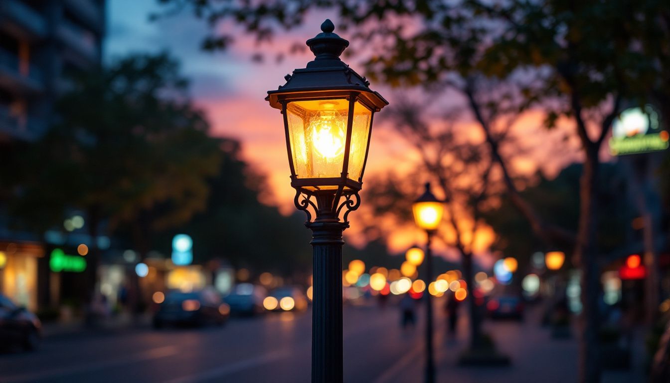 A photograph of a light pole post in a dynamic urban setting during twilight