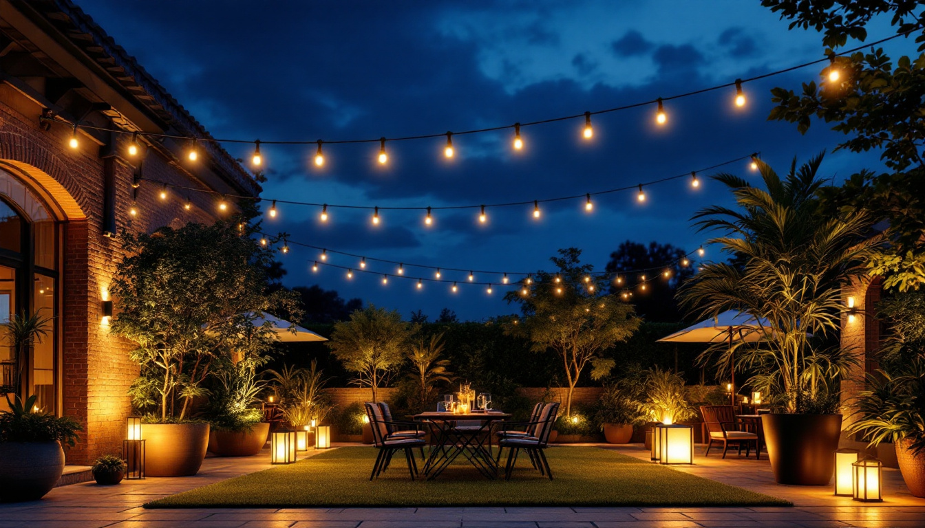 A photograph of a beautifully illuminated outdoor space showcasing various lighting fixtures in use
