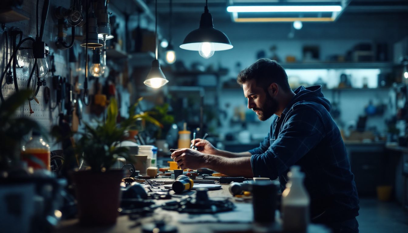 A photograph of a well-lit workshop setting where a person is installing an led retrofit kit