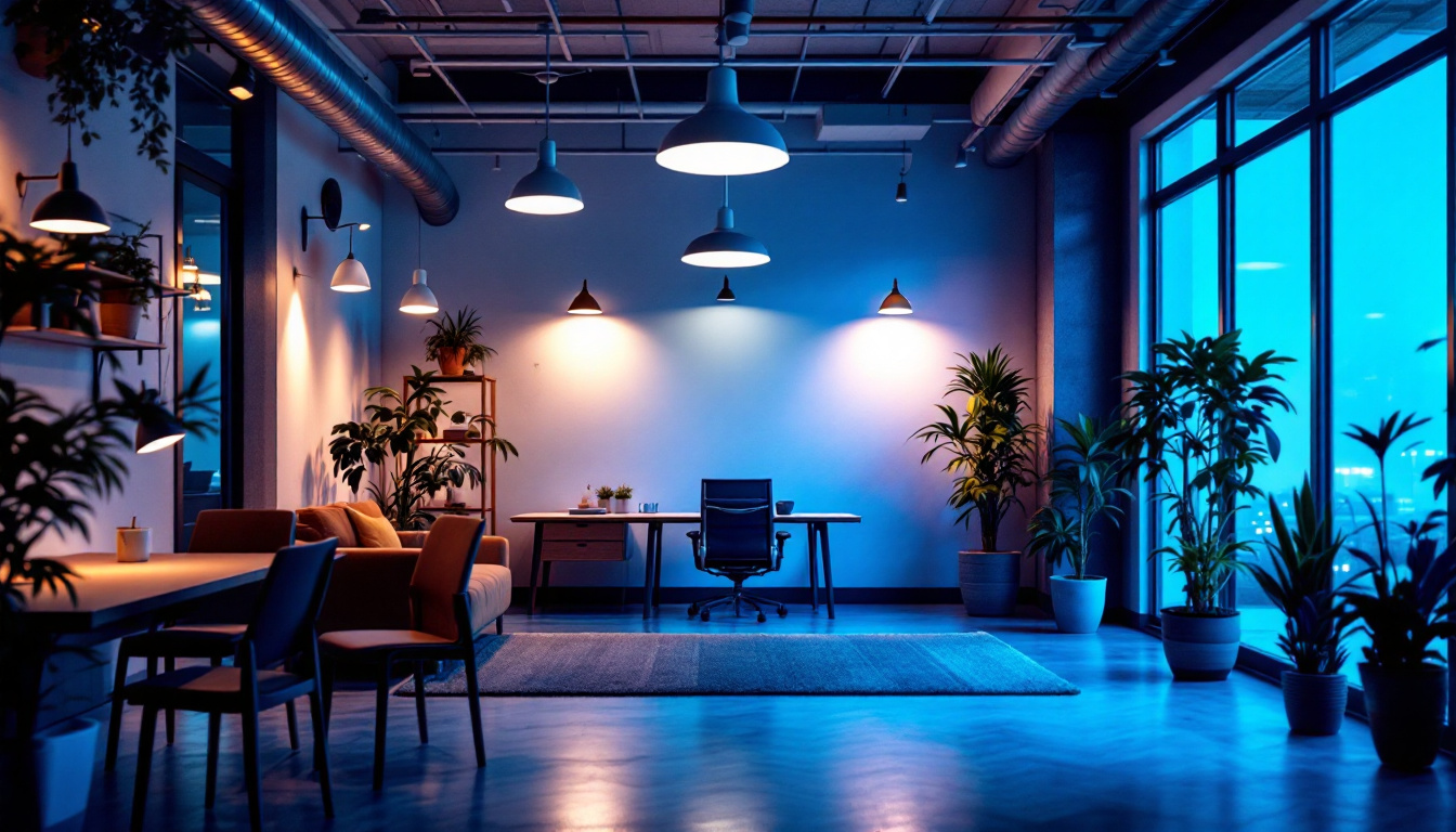 A photograph of a well-lit indoor space showcasing various lighting fixtures