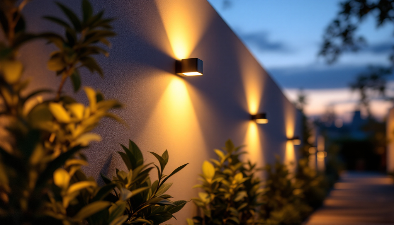 A photograph of a beautifully illuminated outdoor space featuring led wall lights