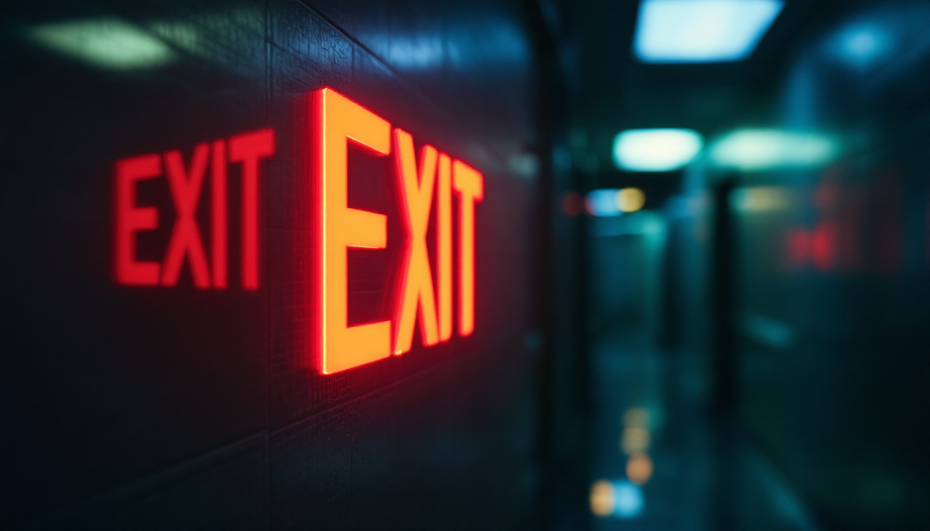 A photograph of an illuminated exit sign in a dimly lit corridor