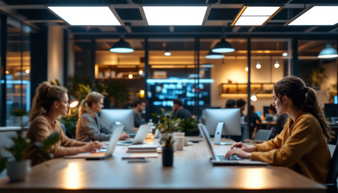 A photograph of a well-lit modern workspace featuring led flat panel lighting