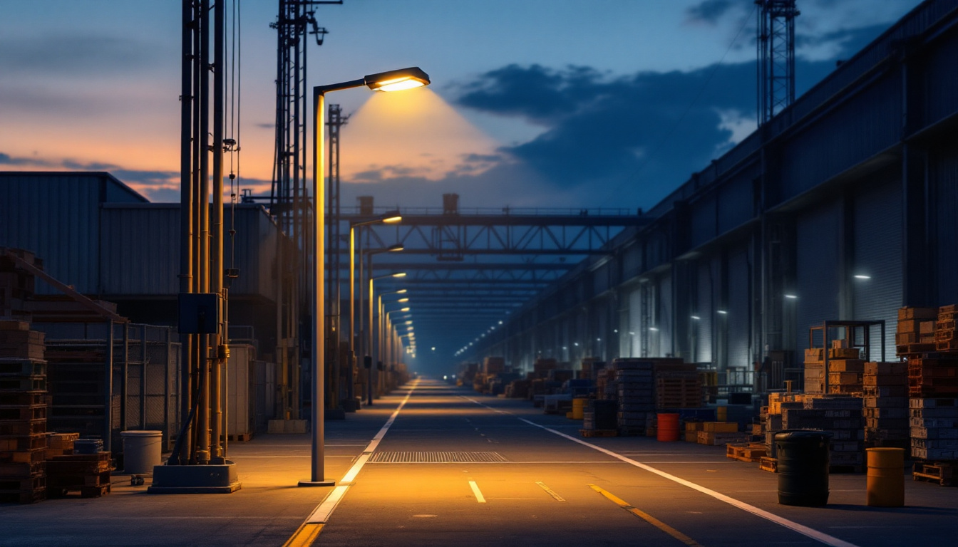 A photograph of a modern outdoor lamp post light fixture illuminating a bustling workplace or warehouse environment