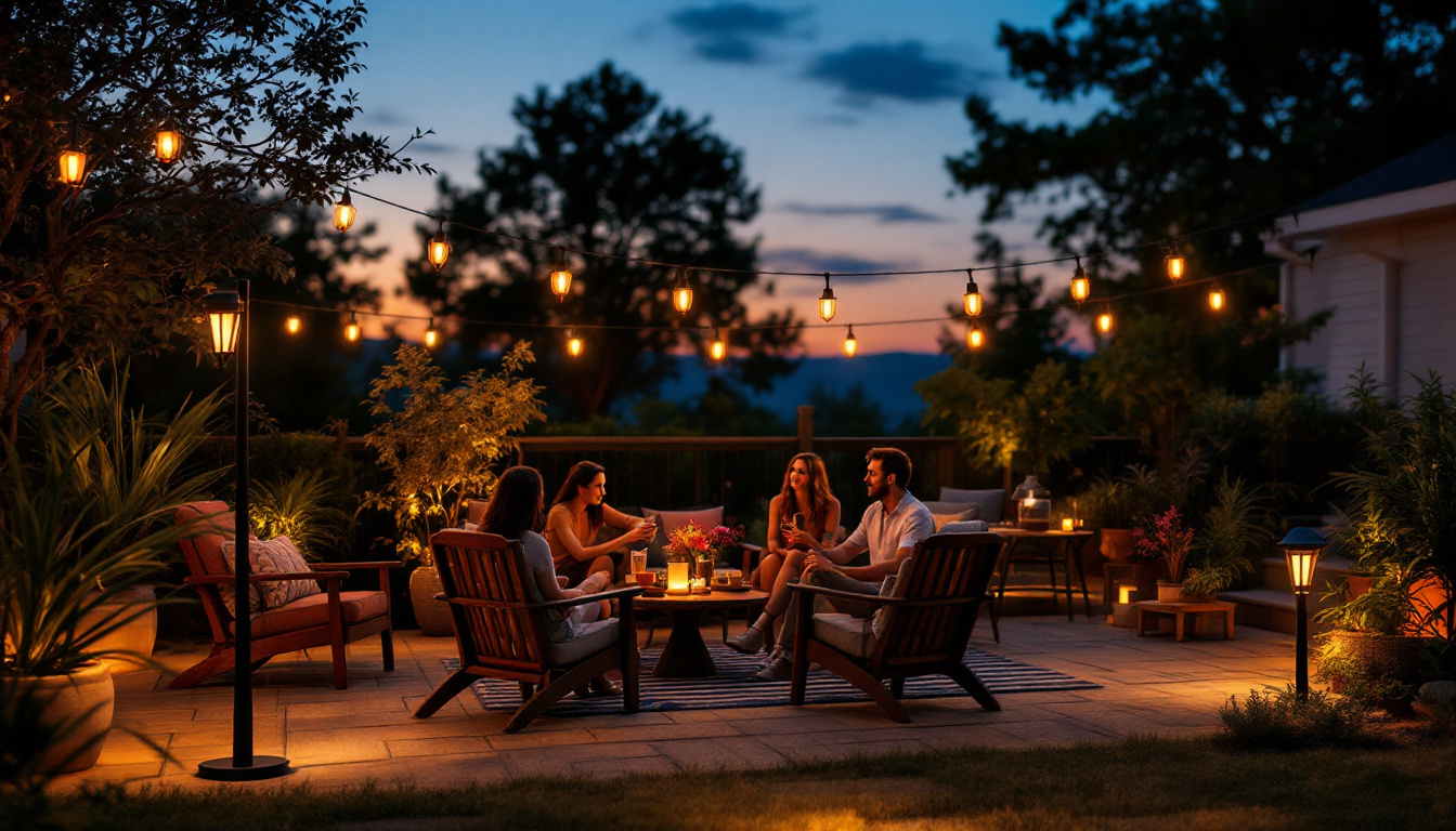 A photograph of a cozy outdoor setting illuminated by warm