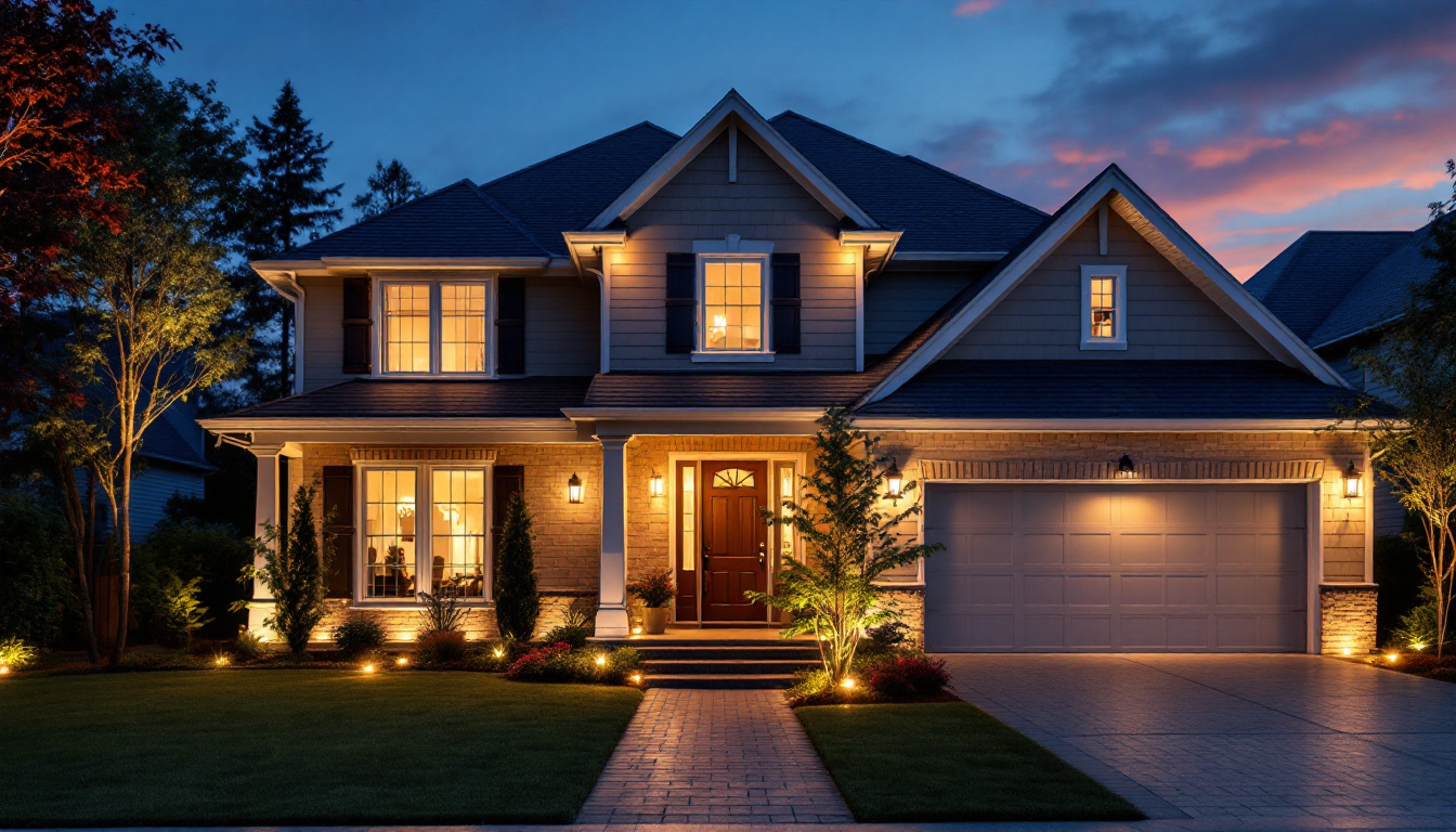 A photograph of a beautifully illuminated exterior of a house at dusk