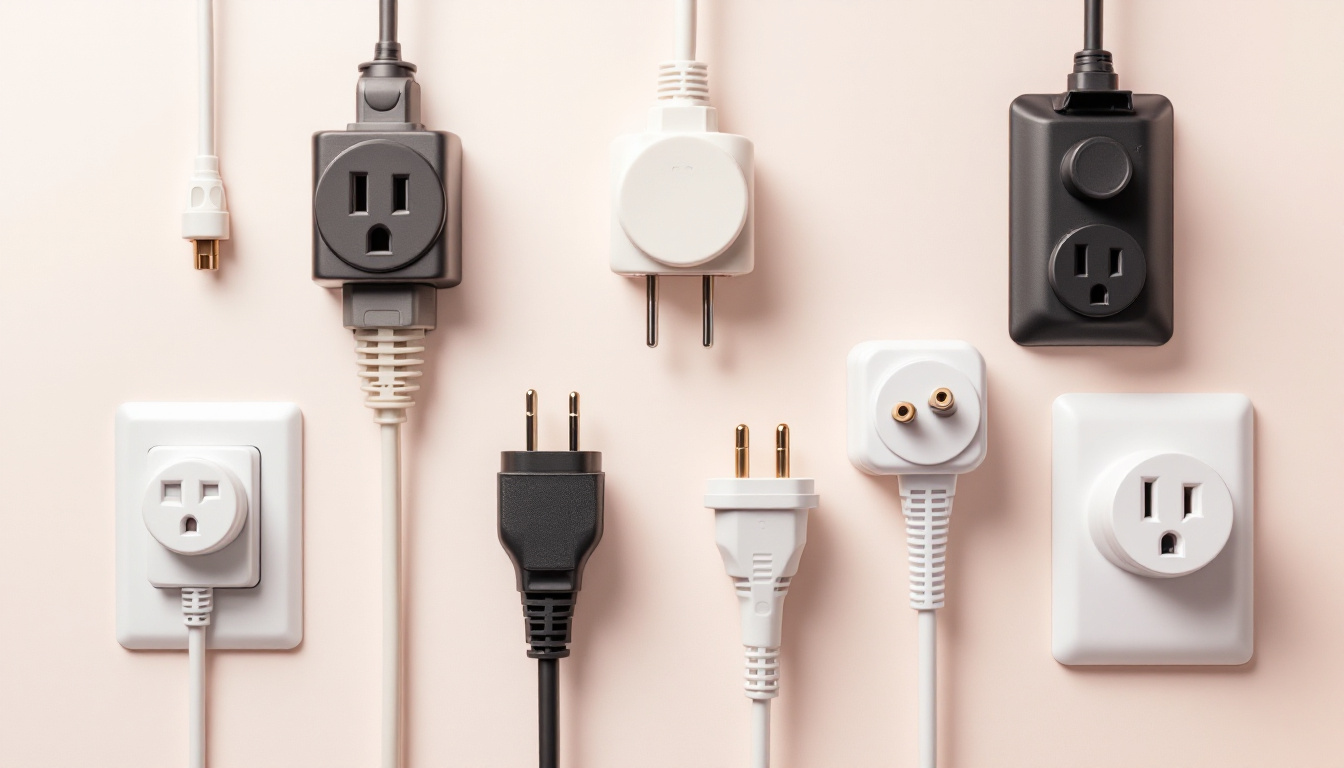 A photograph of a close-up of various types of dryer plugs and outlets arranged aesthetically on a clean