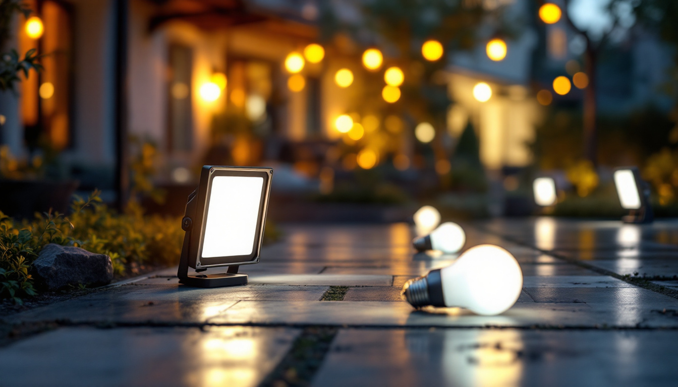 A photograph of a beautifully illuminated outdoor space showcasing various floodlight bulbs in use