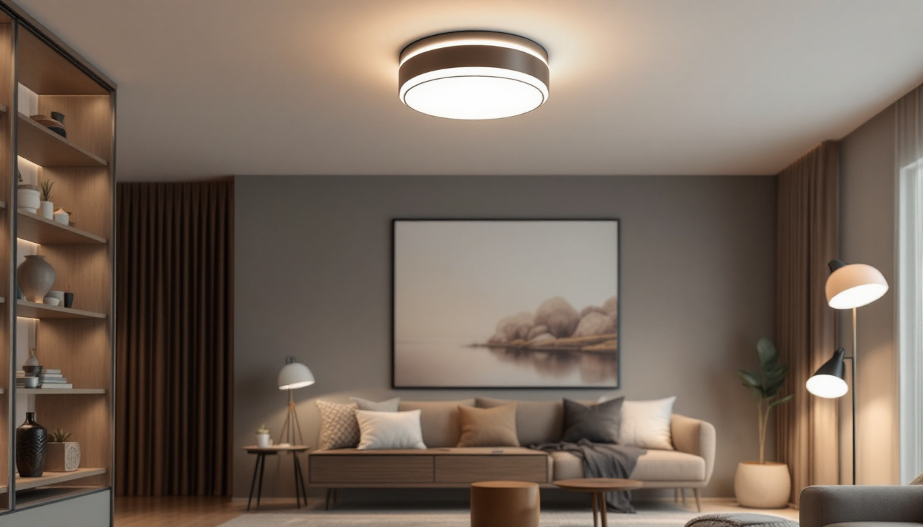 A photograph of a beautifully designed led flush mount light installed in a modern living space